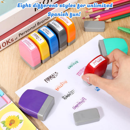 Chivertion 8 Pcs Spanish Teacher Stamps for Classroom Self Inking Grading Stamps Gifts Motivation Teacher Stamp for School Elementary Kid Signature Homework Reward Supplies
