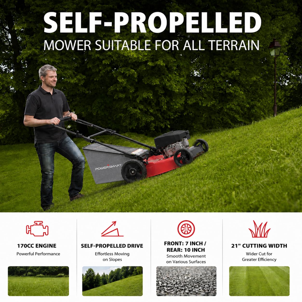 PowerSmart 21" Gas Self-Propelled Lawn Mower for Hills & Medium Yards | 170cc OHV | 3-in-1 Mulching/Bagging/Discharge | 6-Position Height | Alloy Steel Deck | Easy Start | Rear-Wheel Drive