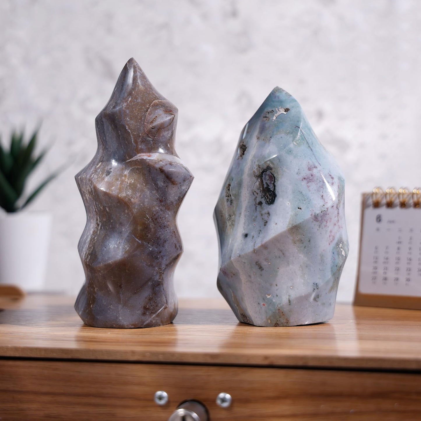 TUMBEELLUWA Ocean Jasper Crystal Obelisk Tower for Shelf Desk Decor, Flame Shaped Crystals and Healing Stones for Positive Energy 1.32-1.76 LBS