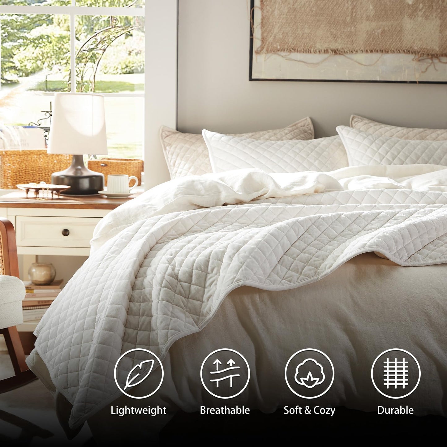 Hilliomas Oversized California King Size Velvet Quilt Set (120"x120"), Luxurious Diamond Quilted Stitching, Lightweight Soft All-Season Bedspread Set with 2 Pillow Shams, White