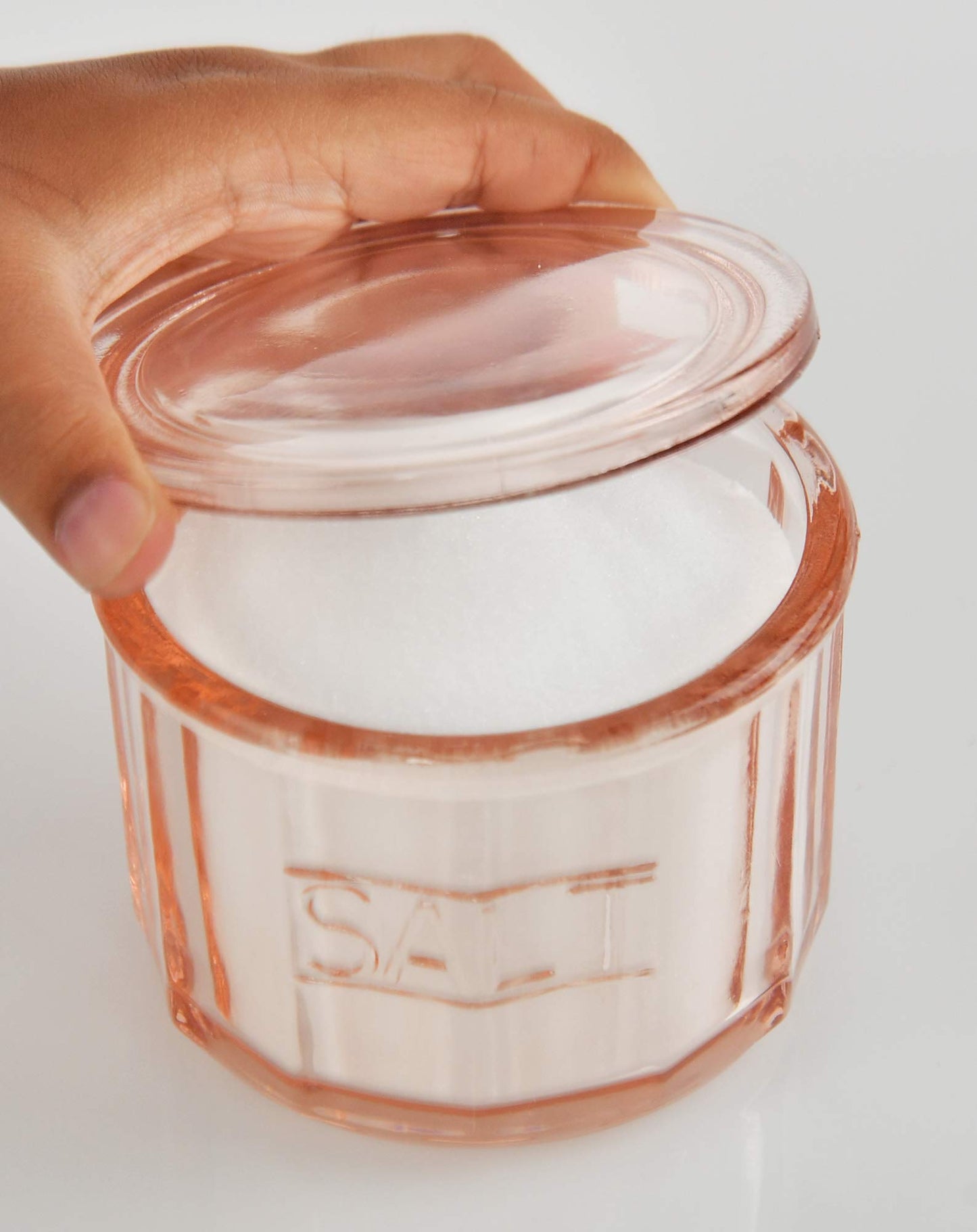HOME-X Depression Style Pink Glass Salt Cellar with Lid, Retro Kitchen Decor, Wedding Gift - 3 1/2" H x 4" D