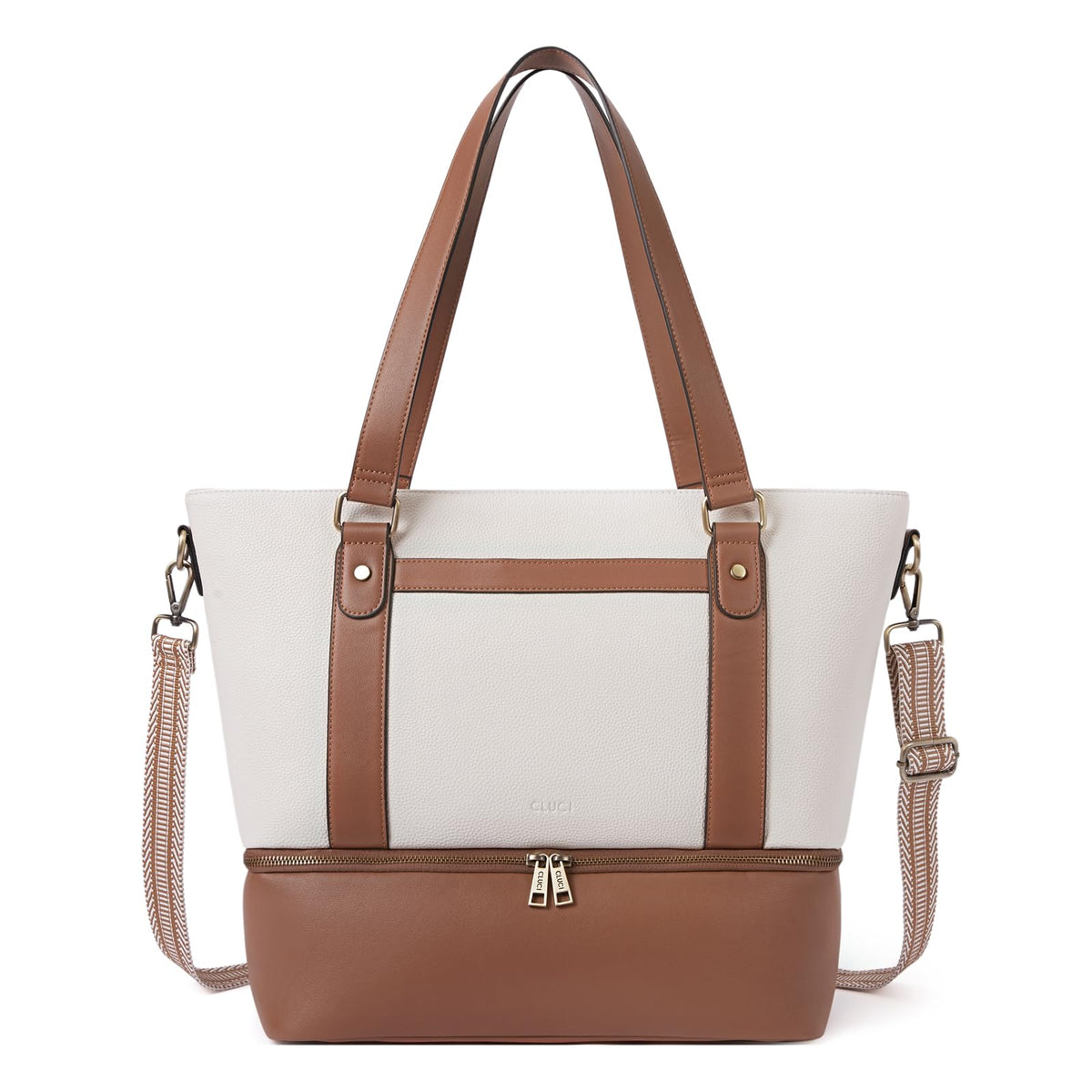 CLUCI Travel Leather Duffel Bag Weekender Bag for Women Carry on Overnight Bag Beige with Brown