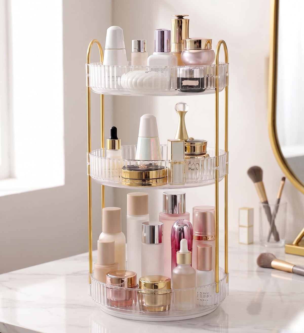 Aveniee 3-Tier 360° Rotating Makeup Organizer, Clear Spinning Perfume Cosmetic Storage for Vanity Countertop, Sturdy Metal Pole Skincare Holder Stand for Bathroom Dresser, White