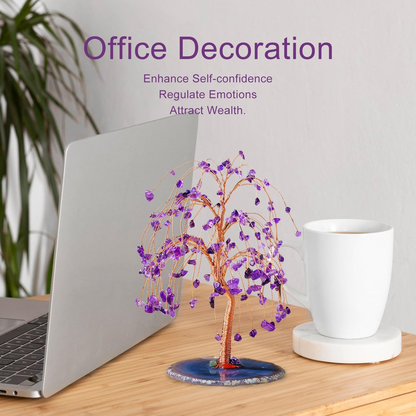 Runyangshi Natural Amethyst Crystal Tree of Life Handmade with Copper Wire - 7-8" Healing Crystals Gemstone Willow Tree Geode Agate Slices Base for Home Decor, Feng Shui Gifts, Office Desk Ornament