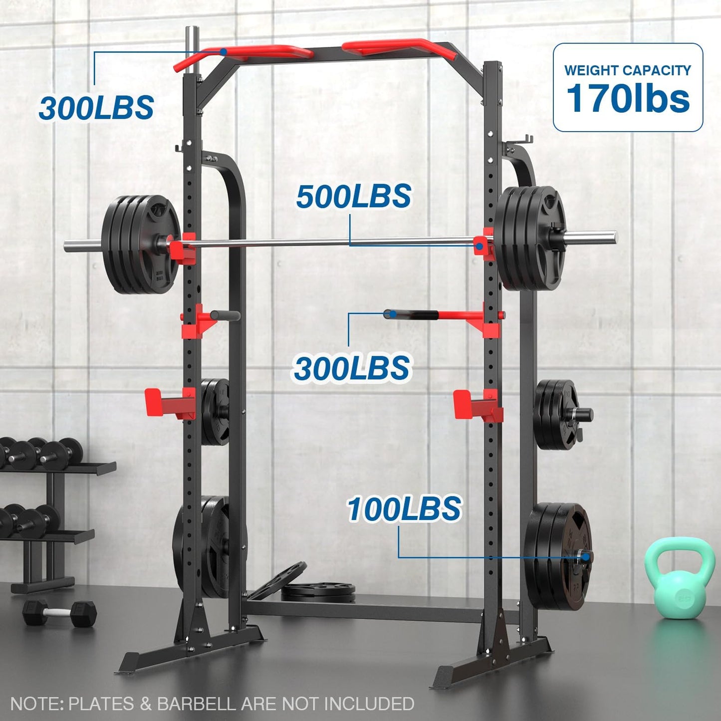 SunHome Power Cage Squat Rack, Multi-Functional Power Rack with J-Hooks, Dip Handles, Weight Plate and Olympic Bar Storage Home Gym