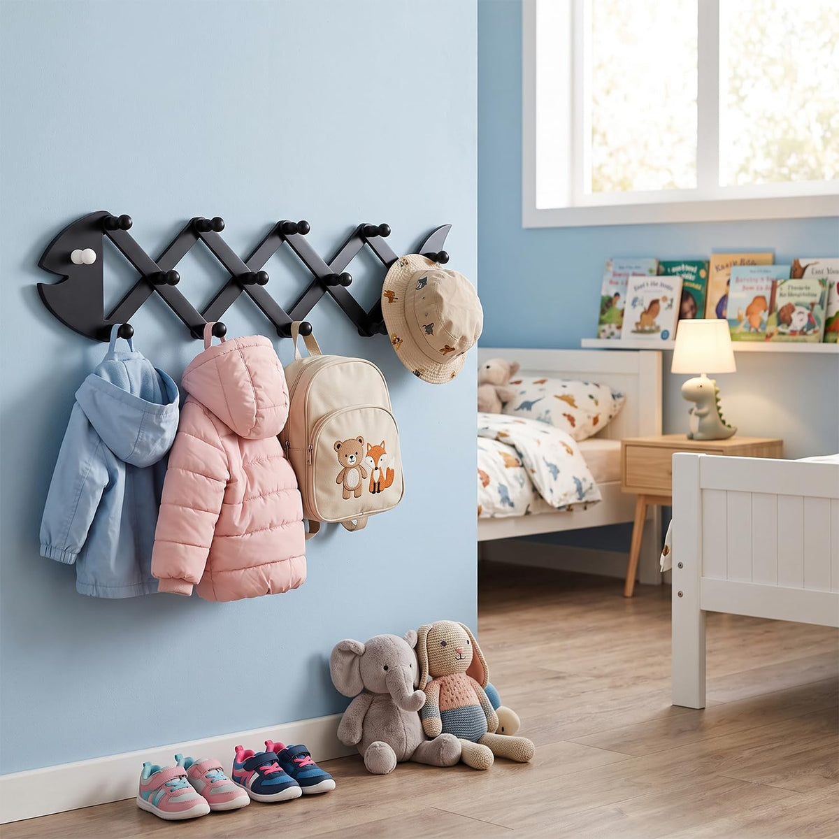 Sonarvelife Accordion Wall Hanger with 15 Pegs, Wooden Expandable Hat Rack for Wall, 2-in-1 Fish Shape Decorative Wall Mount Coat Rack for Entryway, Hallway & Mudroom
