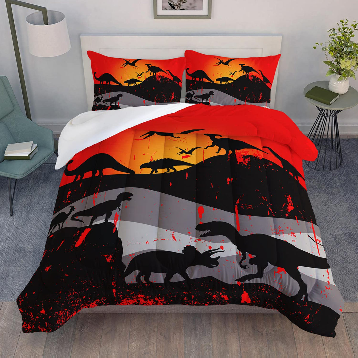 XYNHML Cartoon Dinosaur Comforter Set Full 3Pc Kawaii Dinosaur Bedding Set All Season with Tree, Leaf Decoration Includes 1 Comforter, 2 Pillowcases for Kids Girls Teens