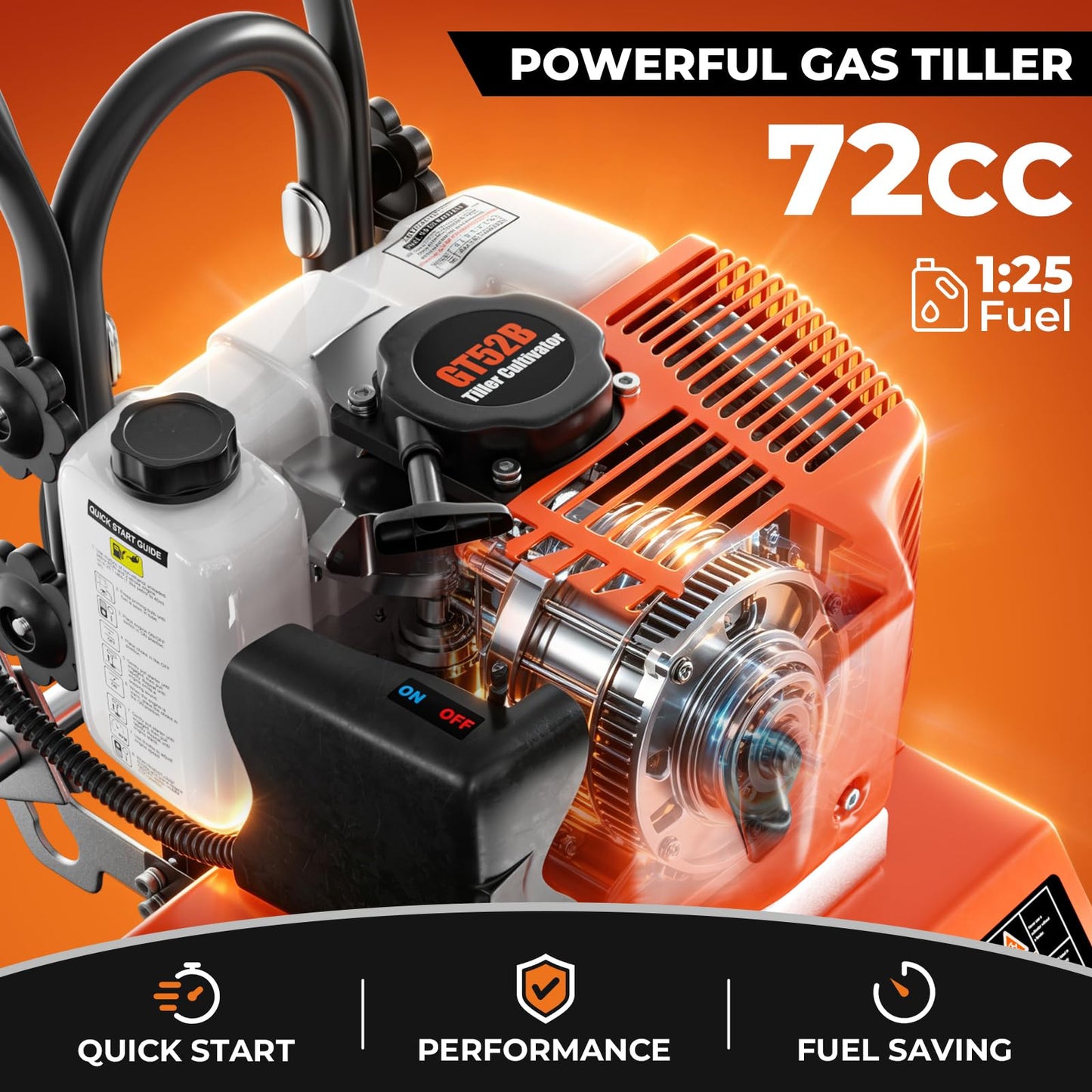 72CC Gas Tiller Cultivator,2 Stroke Gasoline Powered Rototiller,1.5KW 7500RPM,10in Working Width 5in Working Depth, Heavy Duty Garden Tiller for Lawn Yard Soil Cultivation (Orange)