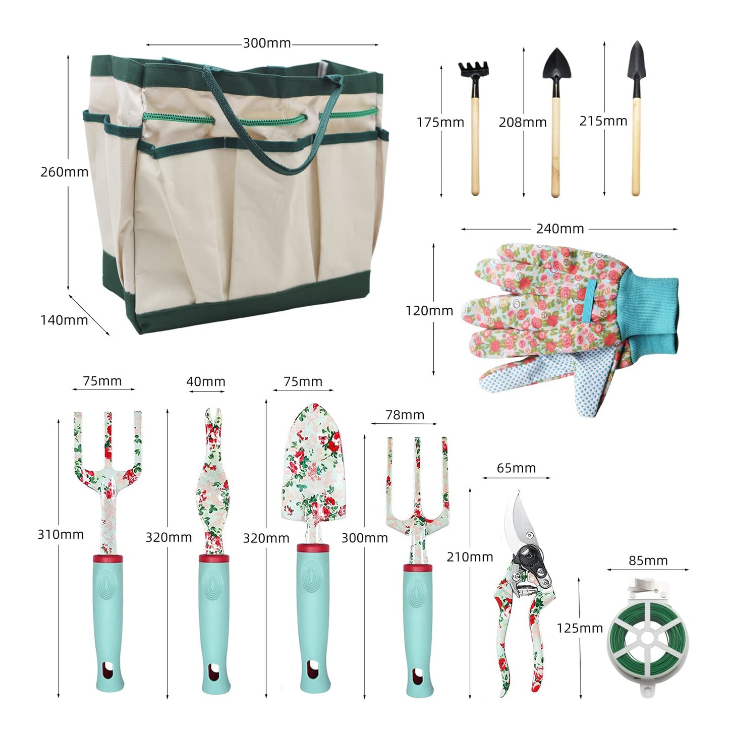 Garden Tools Set, 16 Pieces Gardening Gifts for Women & Men, Heavy Duty Floral Gardening Tools Set with Storage Bag, Ergonomic Garden Gifts Kit for Mum, Girlfriend (Green Flowers)