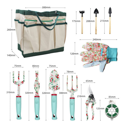 Garden Tools Set, 16 Pieces Gardening Gifts for Women & Men, Heavy Duty Floral Gardening Tools Set with Storage Bag, Ergonomic Garden Gifts Kit for Mum, Girlfriend (Green Flowers)