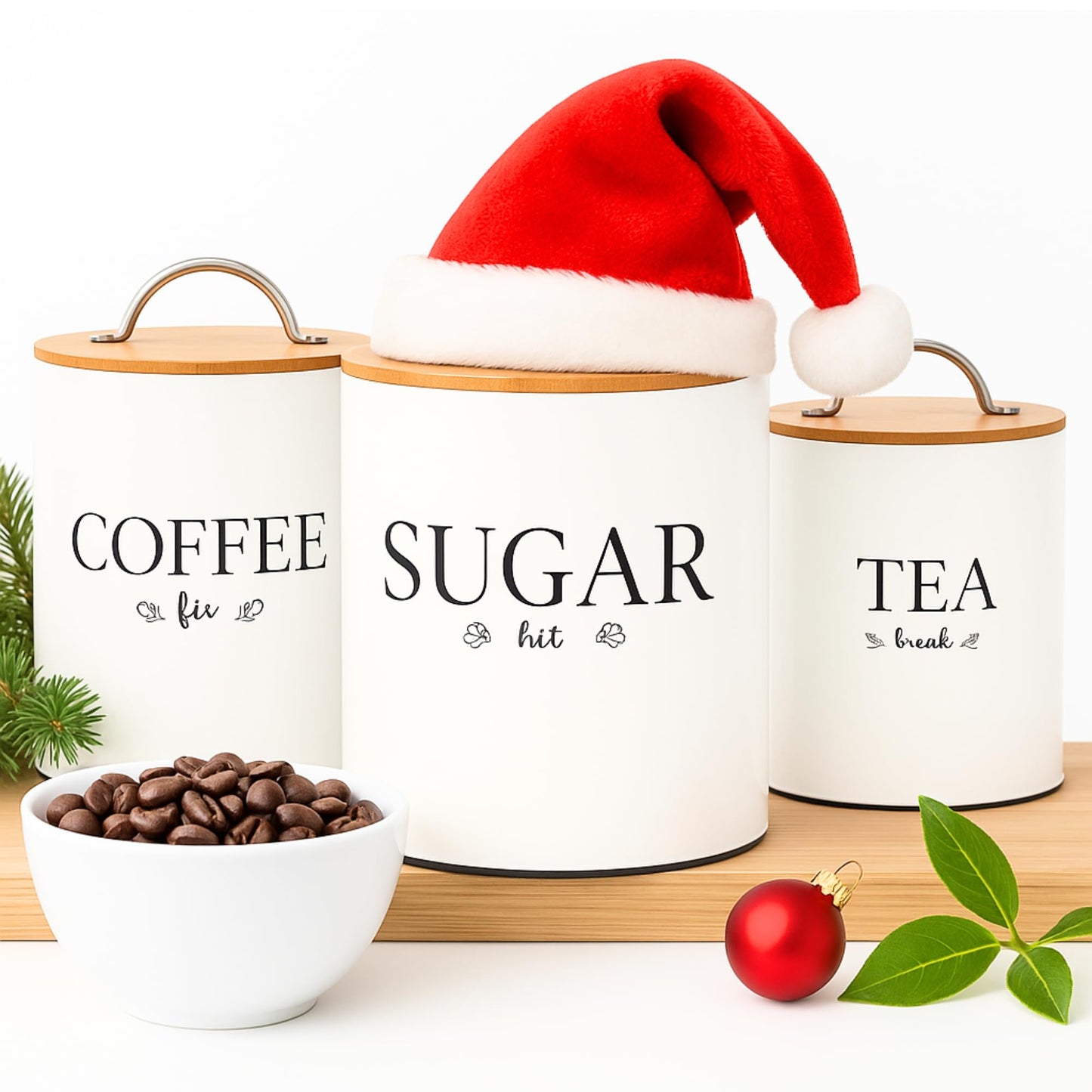 D'Lifeful Tea Coffee Sugar Canister Set - 3pc Airtight Canister Sets for Kitchen Counter - Farmhouse Containers for the Kitchen - Decorative Countertop storage with Airtight Lid for Freshness - White