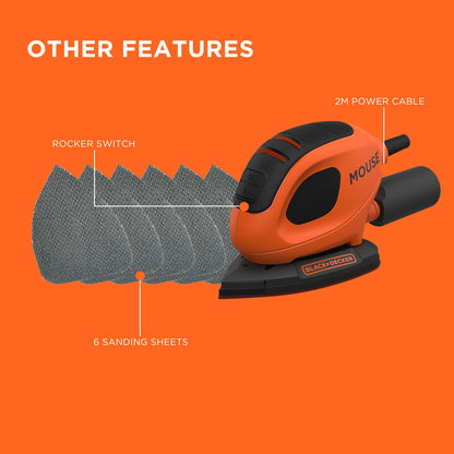 BLACK+DECKER Mouse 55W Detail Sander with 6 Sanding Sheets, BEW230-GB