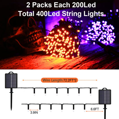 Halloween Decorations Outdoor Solar String Lights Orange & Purple, Outside 2Pack Total 144ft 400 LED 8 Modes with Timer, IP44 Waterproof Spooky Gothic Lights for Party, Patio, Tree, Garden Decor