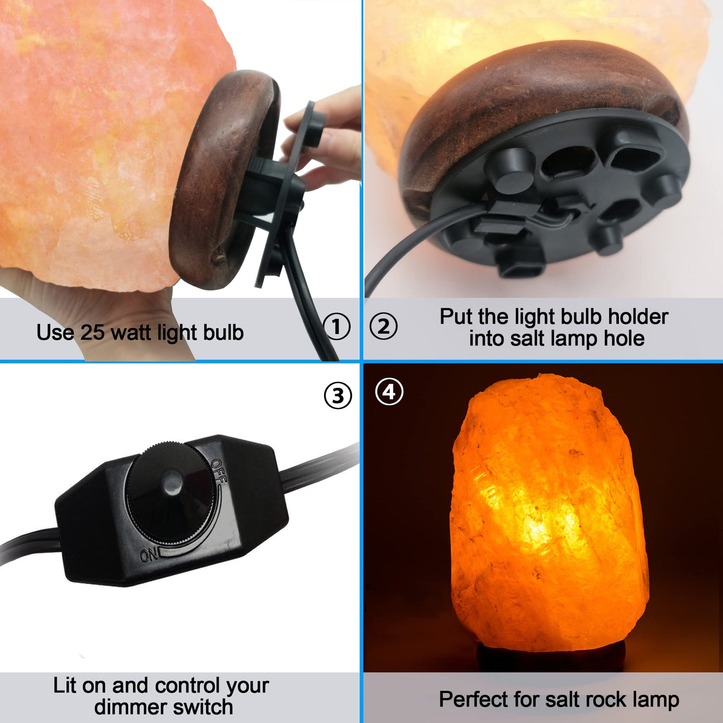 haraqi Himalayan Salt Lamp Cords (6ft) with Dimmer Switch,Original Replacement Cords with Base Assembly(3.34 Inches) and 25 Watt E12 Bulbs for Salt Rock Lamp Cord 2 Set