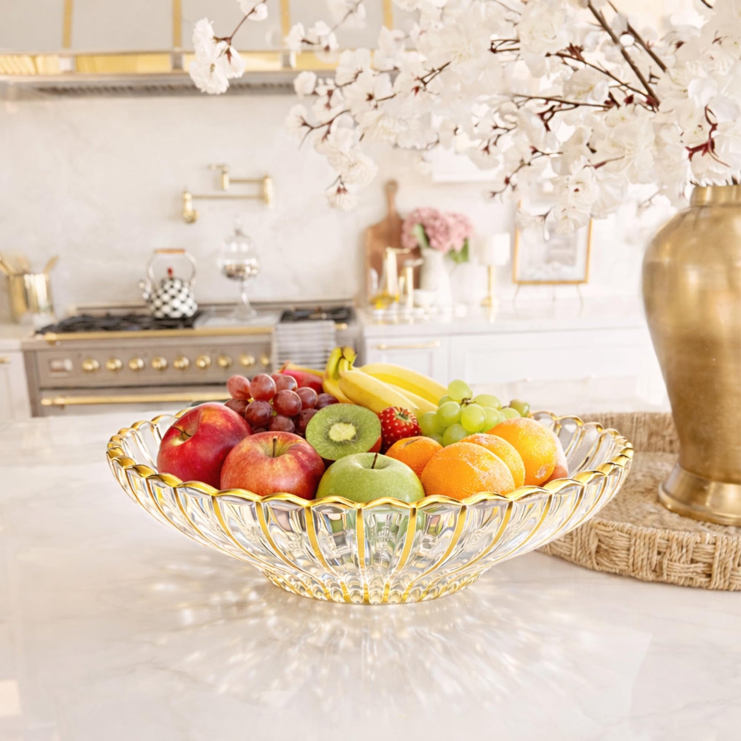 Yiyiring Gold Large Decorative Bowl 11'' Hand-painted Ruffle Decorative Bowl Glass Fruit Bowls Crystal Key Bowls Modern for Counter Home Decoration Table Centerpiece Kitchen Dining Room(Flat)