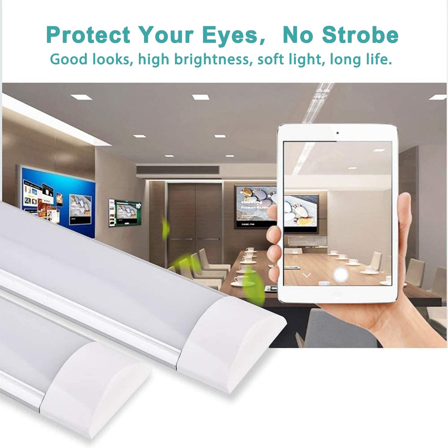 Bellanny 40W LED Batten Lights, 4ft LED Tube Light, 6500k Daylight White Ceiling Surface Mounted Light, 4800LM 180 °Beam Angle Ceiling Light for Office, Bathroom, Kitchen (2 Packs)
