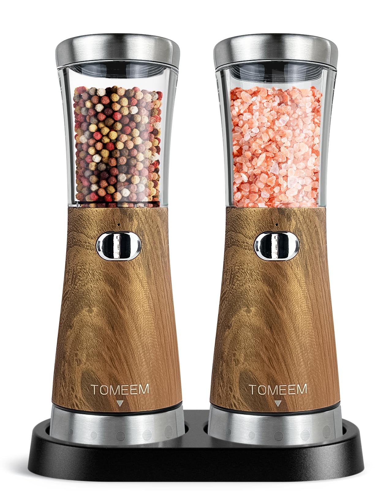 Electric Salt and Pepper Grinder Set with Storage Base, Stainless Steel Rechargeable Salt and Pepper Grinder Set with 4.5 oz Large Capacity, 1.8" Wide Mouth, Adjustable Coarseness, Ideal for Kitchen