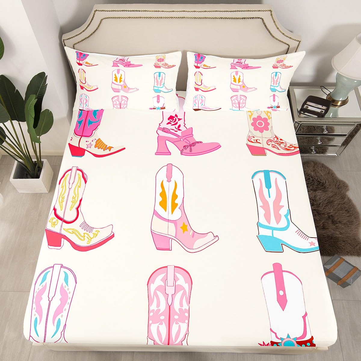 Feelyou Pink Howday Sheet Set Boys Girls Weatern Decor Sheets with Deep Pocket Fitted Sheet Queen Size Farmhouse Cowboy Riding Boots Bed Sheets Set Wild Western Cowboy Bedding Set Pink Bed Set 4Pcs