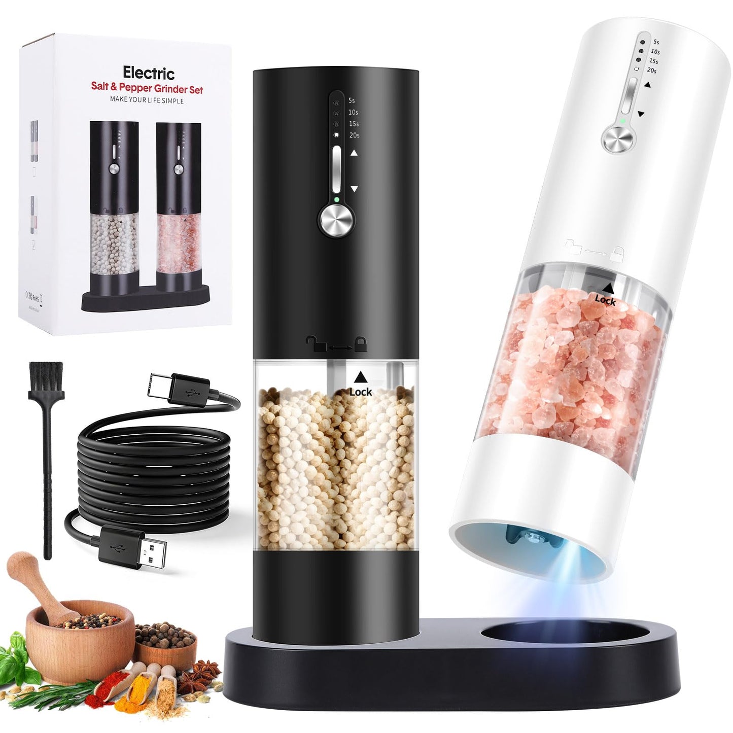 Hxro Electric Salt and Pepper Grinder, 120ml Capacity, 4 Level Timer, Salt and Pepper Mill with LED, USB Rechargeable, Adjustable Coarseness Grinder for Kitchen (2, Black&White Set)