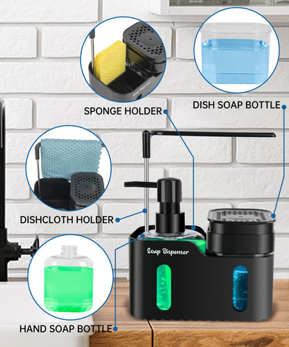 Hand Soap and Dish Soap Dispenser Set for Kitchen, Dual Soap Dispenser with Sponge Holder and Dishcloth Holder 4-in-1 Organizer for Kitchen Sink Countertop, Useful Kitchen Gadgets (Black)