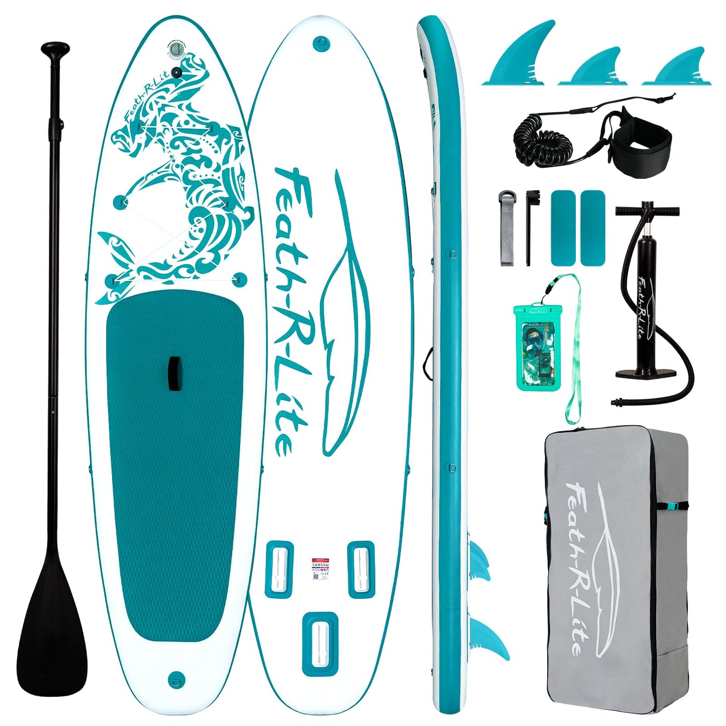 FEATH-R-LITE Inflatable Paddle Board Stand Up Paddleboards for Adults SUP with Premium Accessories Pump, Adjustable Paddle, Leash, Three Fins, Backpack (Green)