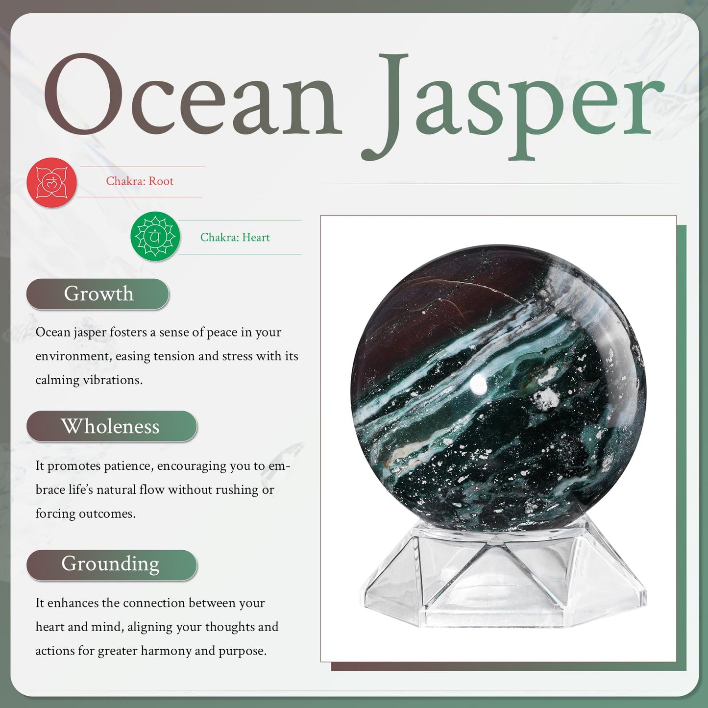 Sportmusies Natural Ocean Jasper Sphere and Acrylic Stand Home Office Decoration, Polished Stone Ball Reiki Healing Meditation, 2.79-3.14 inches