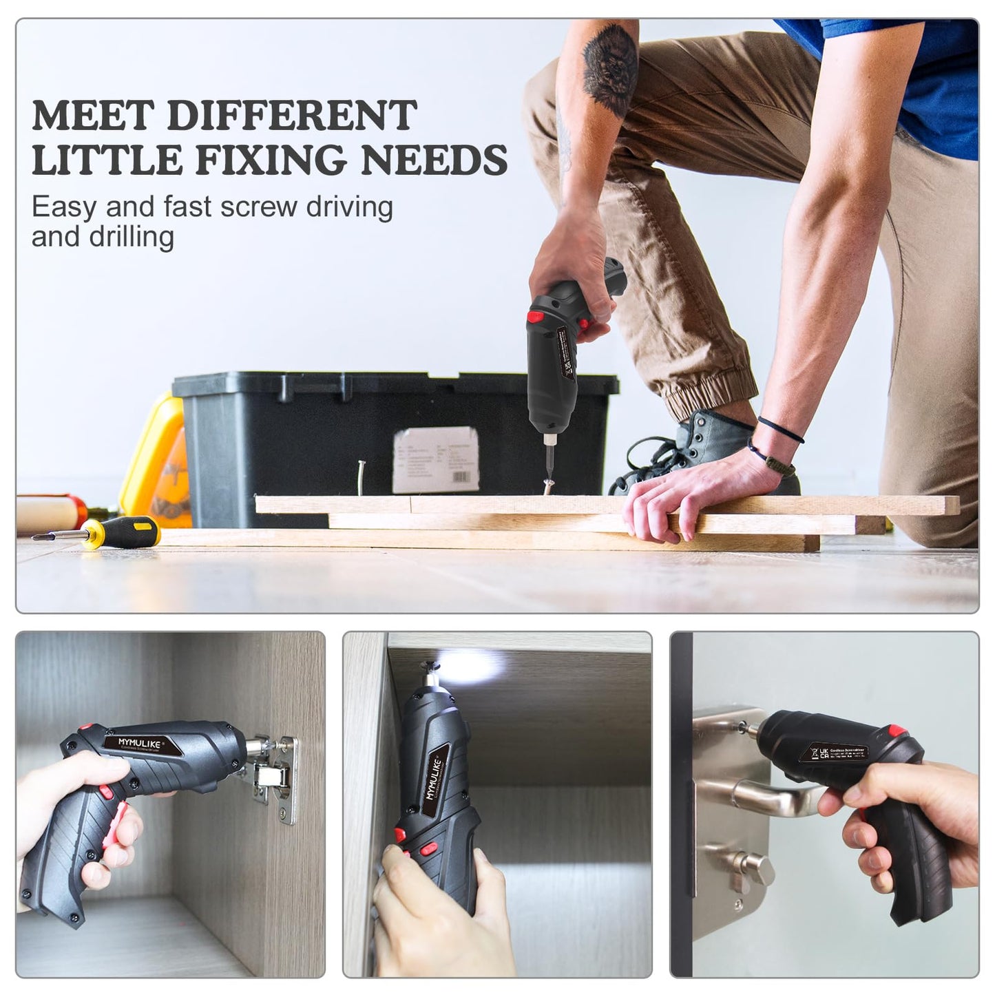 MYMULIKE Electric Drill Screwdriver, 48 in 1 Portable Cordless Screwdriver Set Rotated 90 Degrees Electric Screwdrivers Cordless Handle with Led Worklight and Charger for Home Office DIY Tools