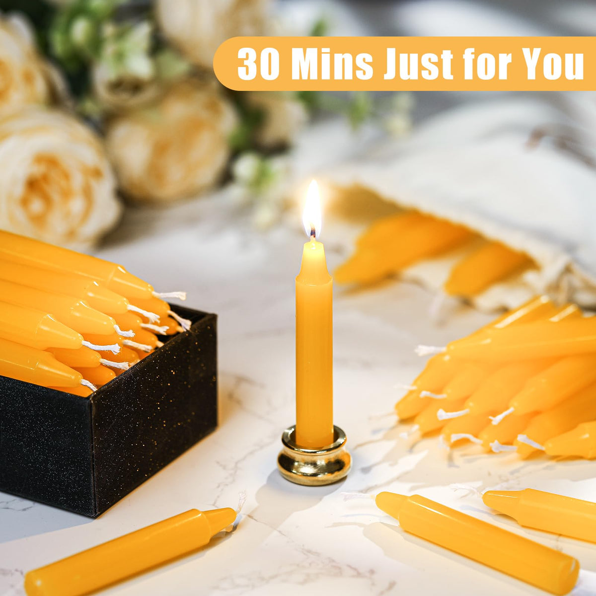 Threlaco 52 Pcs 30 Minute Mindful Meditation Candle Bulk Mini Taper Chime Candles Ritual with Brass Taper Holder Canvas Bag Prayer Gift for Yoga Relaxation Spiritual Reflection (Classic Color)
