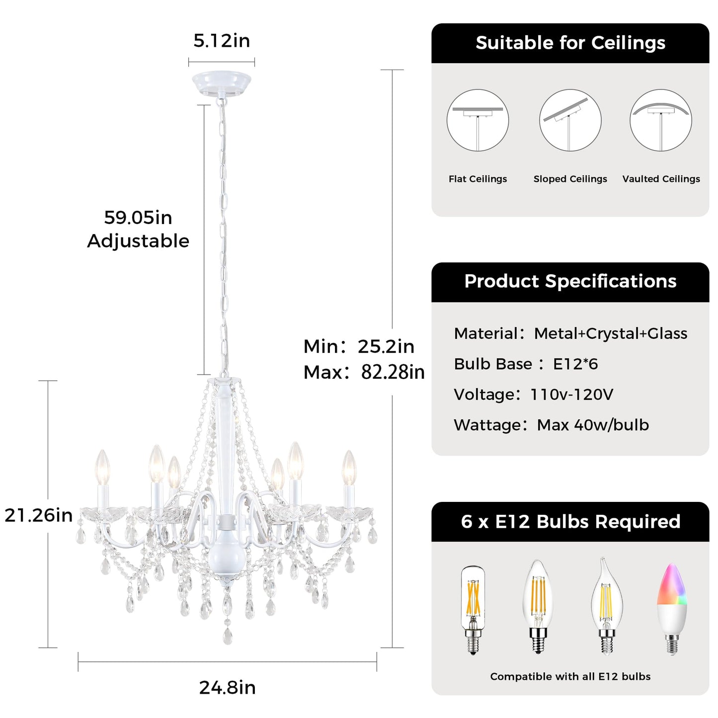White Crystal Chandelier, 6-Light Modern Chandelier for Dining Room Light Fixture, Elegant Crystal Pendant Ceiling Light Fixture, 25" French Candle Chandelier for Bedroom Living Room Kitchen Entryway