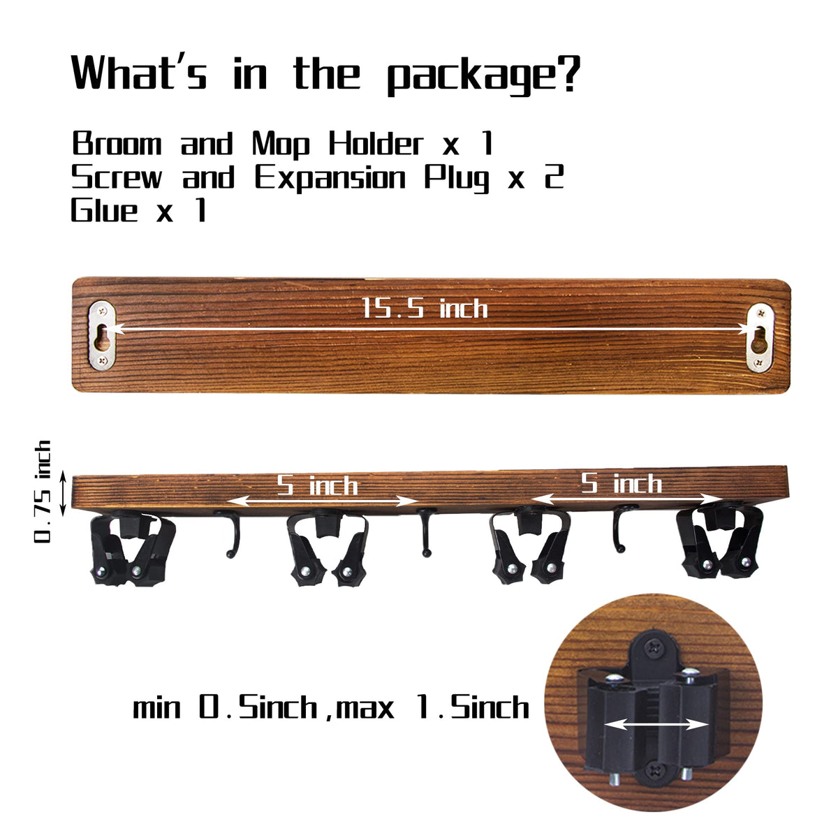 Saderoy 2 Pack Mop and Broom Holder Wall Mount Solid Wood Broom Rack Wall Mount 4 Positions 3 Hooks for Home, Kitchen, Garden, Tools, Garage Organizing, Cleaning Supplies Organizer Indoor Outdoor
