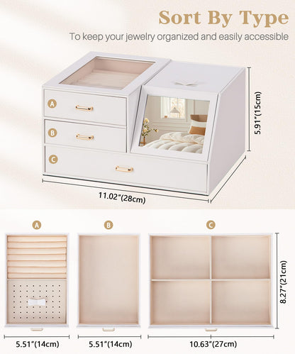 Homde Women Mirror Jewelry Box: Organizer Case with Clear Lid for Ring Necklace Earring - Gift for Young Women (White)