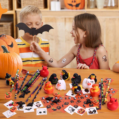 NEWBEA 156-Piece Party Favors Assortment | 72 Glitter Tattoos | 48 Erasers | 12 Ducks | 12 Sticker Sheets | 12 Pencils - Halloween Themed