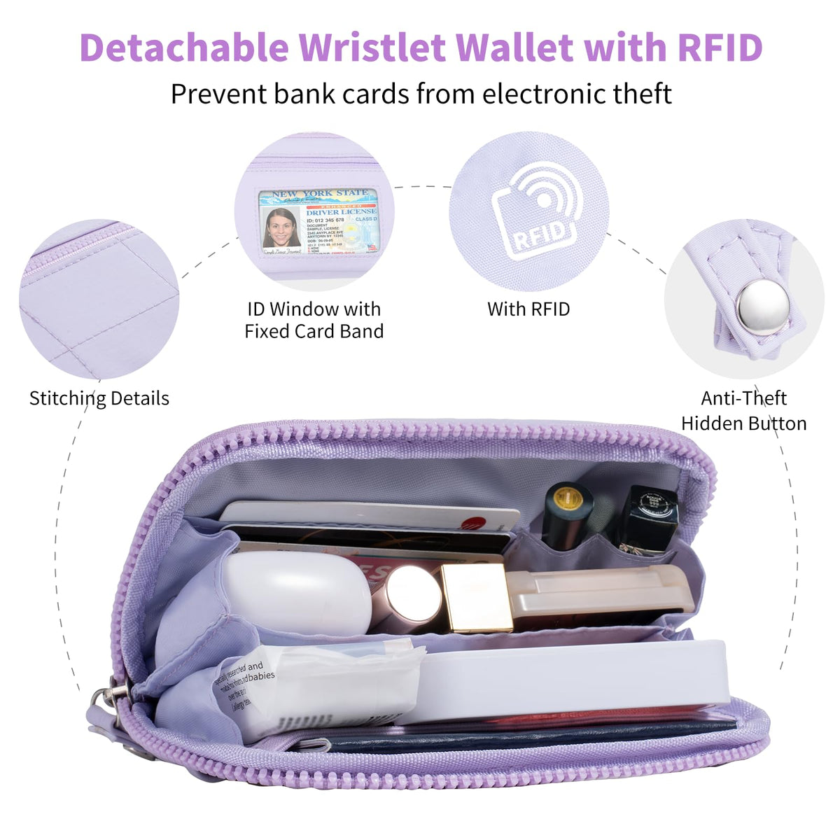 Tiostep Clip and Go Strap for Phone with Wallet Crossbody Phone Lanyard with Anti-Theft Zipper Pouch Detachable Quilted Wrist Wallet with RFID and ID Window for Daily Travel. Purple Large
