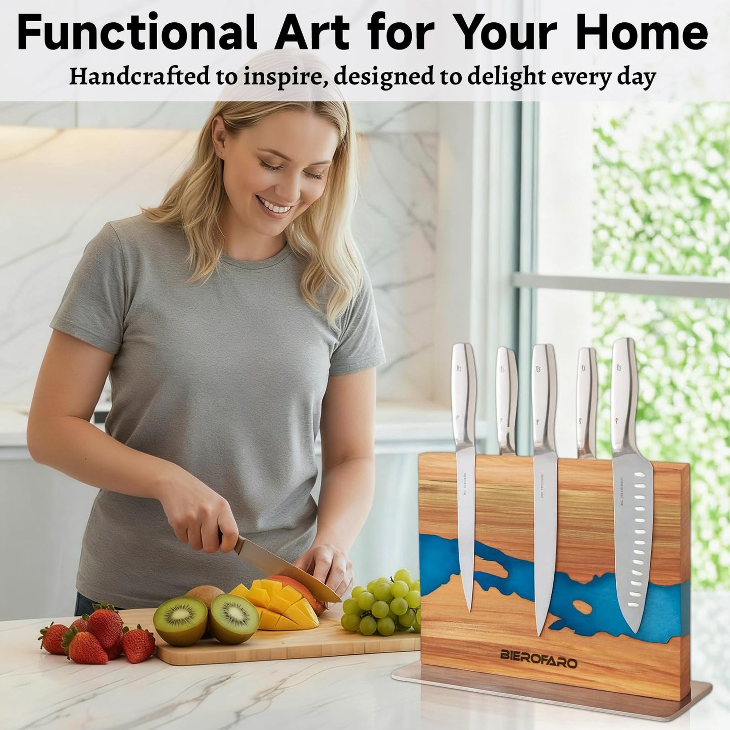 Magnetic Knife Block with Steel Base, Double‑Sided Knife Holder Made of Acacia Wood for Chef Knives, Modern Kitchen Countertop Organizer, Blue Resin River Design