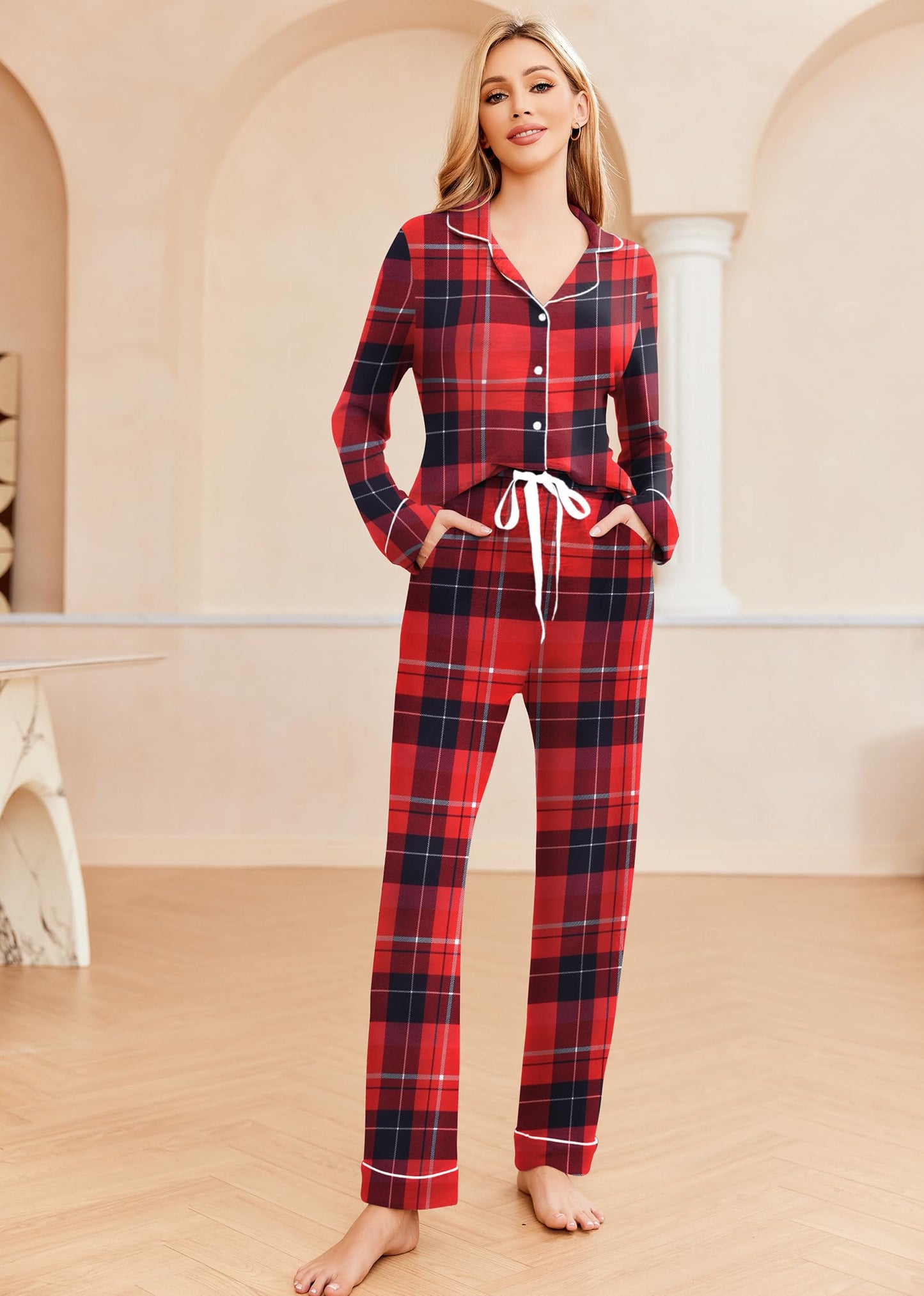 Ekouaer Christmas Sleepwear Two Piece Lounge Set for Women Cotton Sleep Top and High Waist Pants Matching Pajamas (Christmas Plaid,Medium)