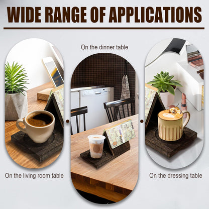 Wooden Triangle Book Stand Rest with Cup Holder, Short Book Holder Valet Shelf Table Desk Nightstand for Reading Display Lover Gifts (Charred Wood Color)