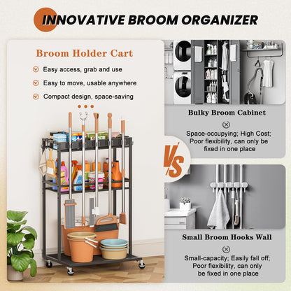 Broom Holder with Cleaning Supplies Organizer, Broom Closet Storage Cabinet with Mop Hanger Gripper Rack Hooks, Cleaning Housekeeping Janitorial Cart with Cleaning Caddy, Laundry Room Organization