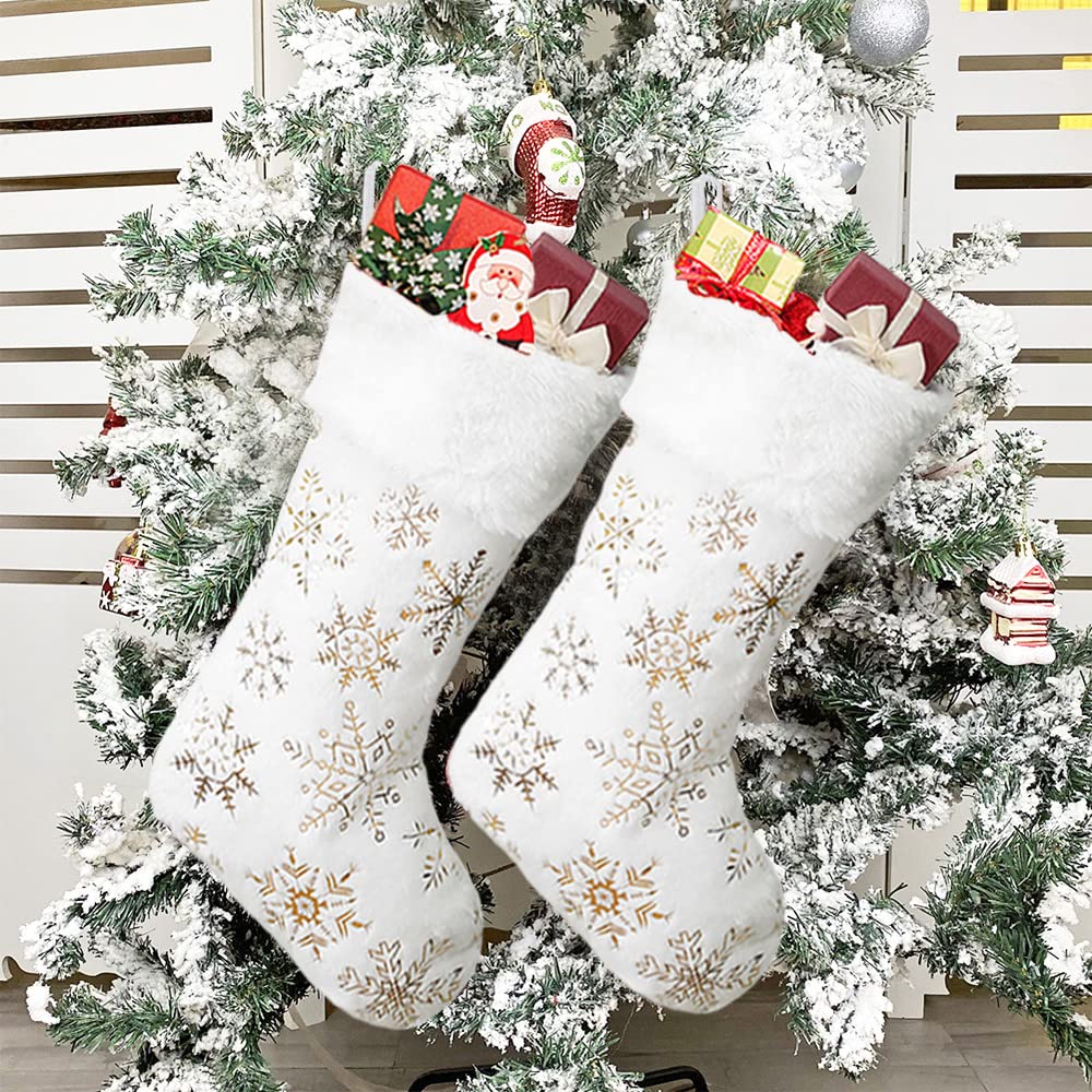AyximGs Christmas Stockings Large 18 inches 4 Pcs - Plush Faux Fur Xmas Stocking with Golden Snowflake, for Family Holiday Xmas Personalized Party Decorations