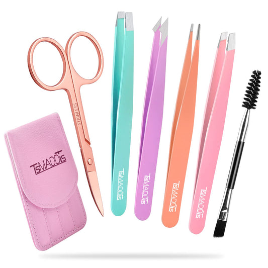 TsMADDTs 6 PCS Tweezers Set for Women, Eyebrow Tweezers with Curved Scissor for Ingrown Hair, Hair Plucking Daily Beauty Tools with Leather Travel Case
