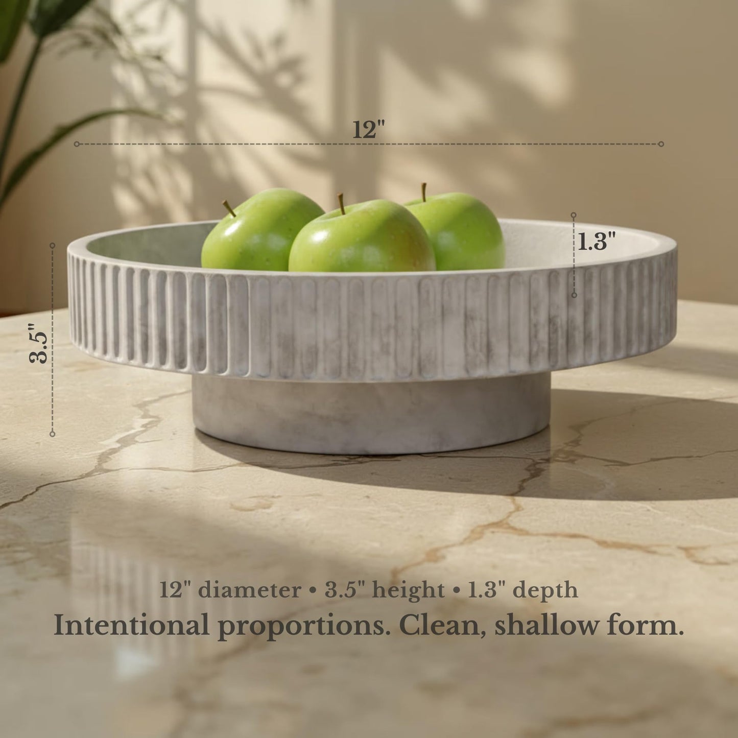 JUPTR Concrete Fruit Bowl (12") – Shallow Fluted Pedestal Decorative Centerpiece Bowl for Table, Entryway Catch-All & Modern Home Decor – Heavyweight Stone Bowl (Natural)