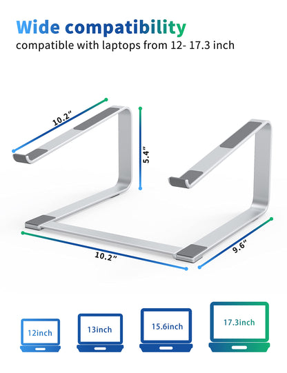 SOUNDANCE Laptop Stand for Desk, Ergonomic Metal Computer Riser for 12-17.3 Inch Laptops, Heavy Duty Stable Desktop Holder, Improves Eye Level & Workspace Organization, Silver