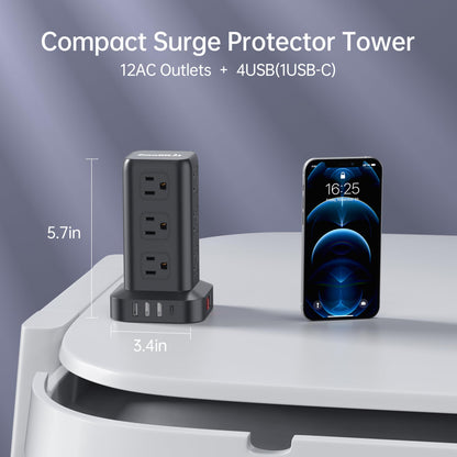 Extension Cord with Multiple Outlets, Surge Protector Power Strip Tower, 12 AC 4 USB，Surge Protector Tower 6.5FT Overload Protection for Home Office