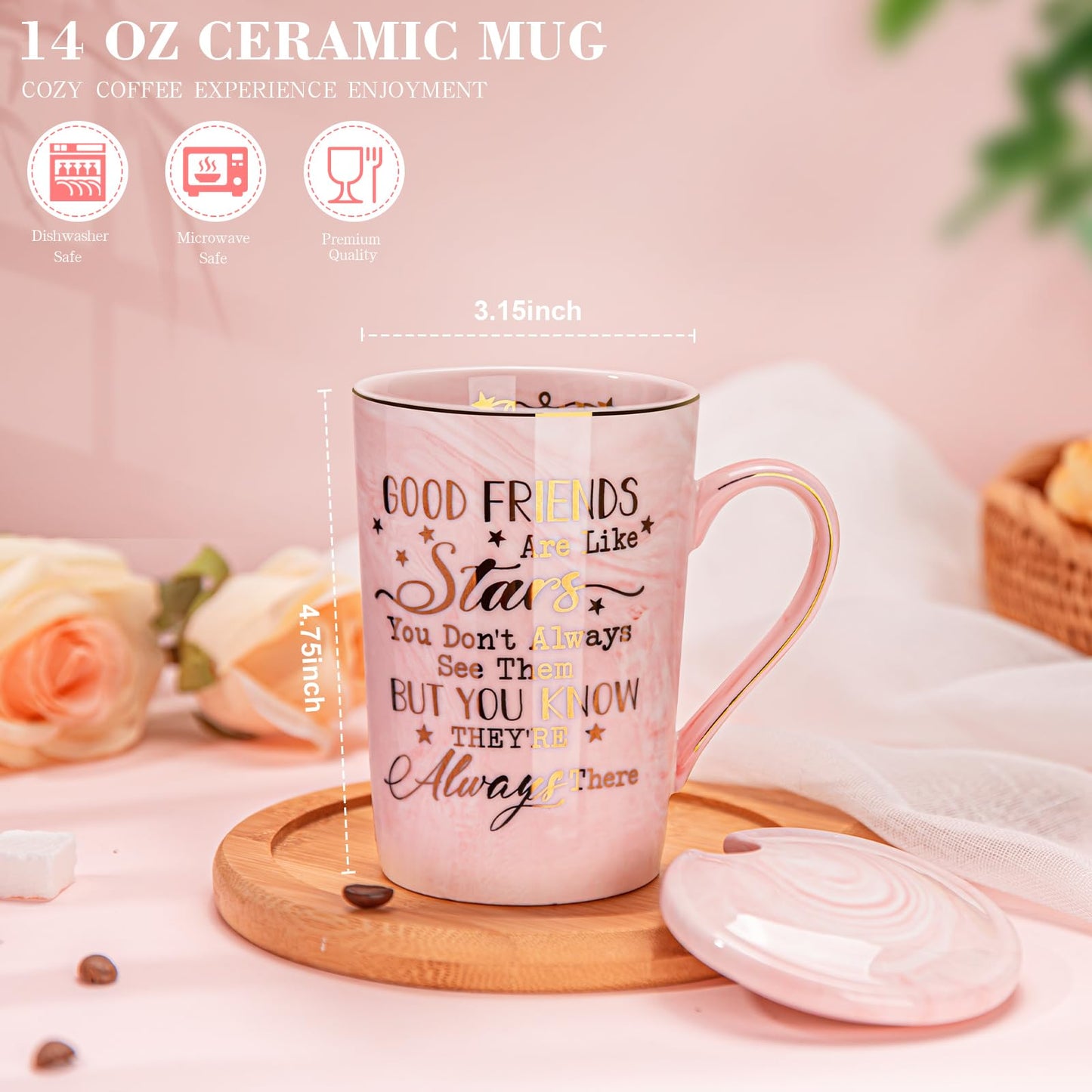 Best Friend Birthday Gifts for Women, Friendship Gifts for Women, Unique Birthday Valentines Day Gift Ideas for Her, Friends Female, Besties, BFF Ceramic Marble Coffee Mug Gift Box Printed Gold 14 oz