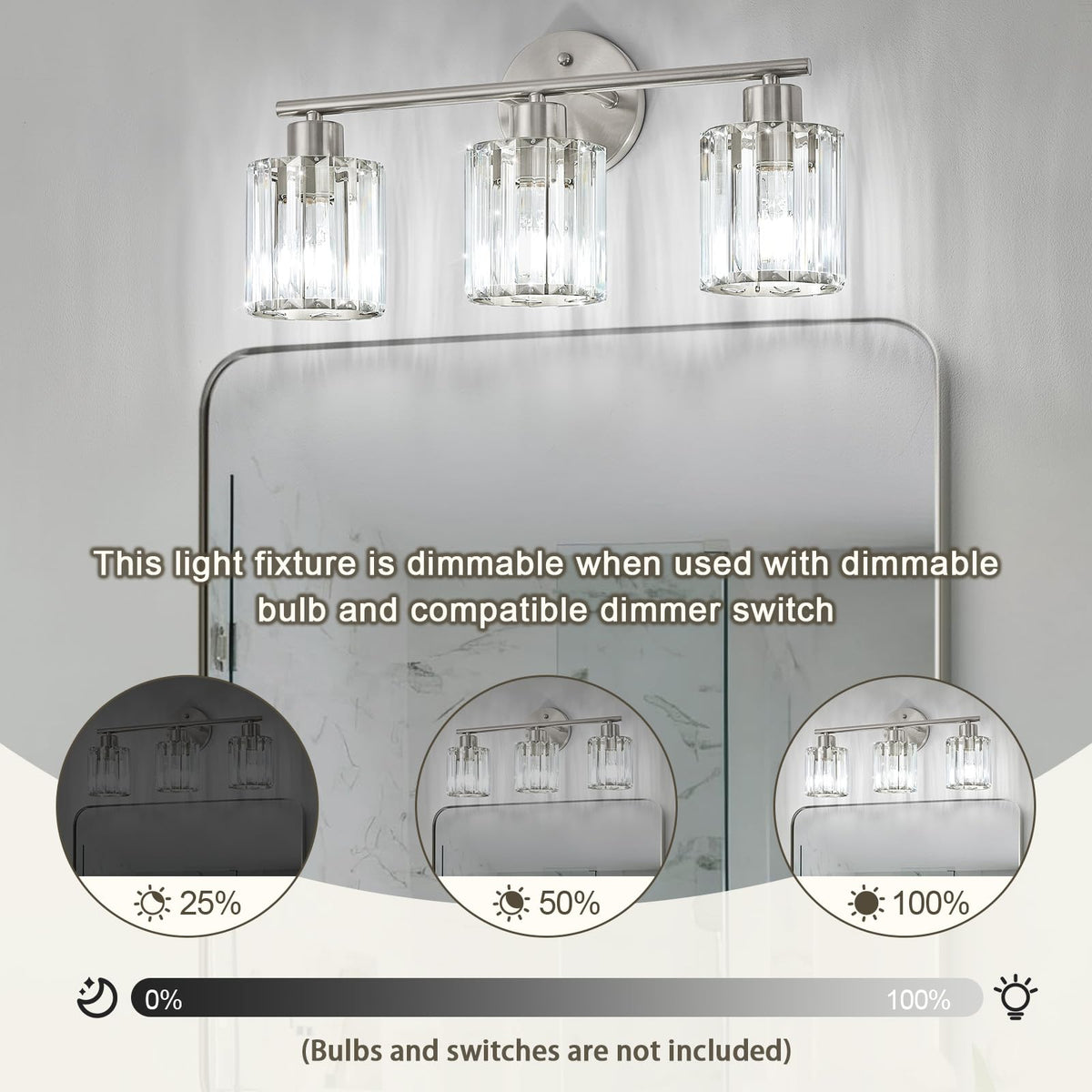 Kvhiiw Crystal Bathroom Light Fixtures, Bathroom Lighting Fixtures Over Mirror, Modern 3-Light Brushed Nickel Vanity Lights for Mirror, Restroom, Kitchen(Ceramic E26 Socket,Bulbs Not Include)