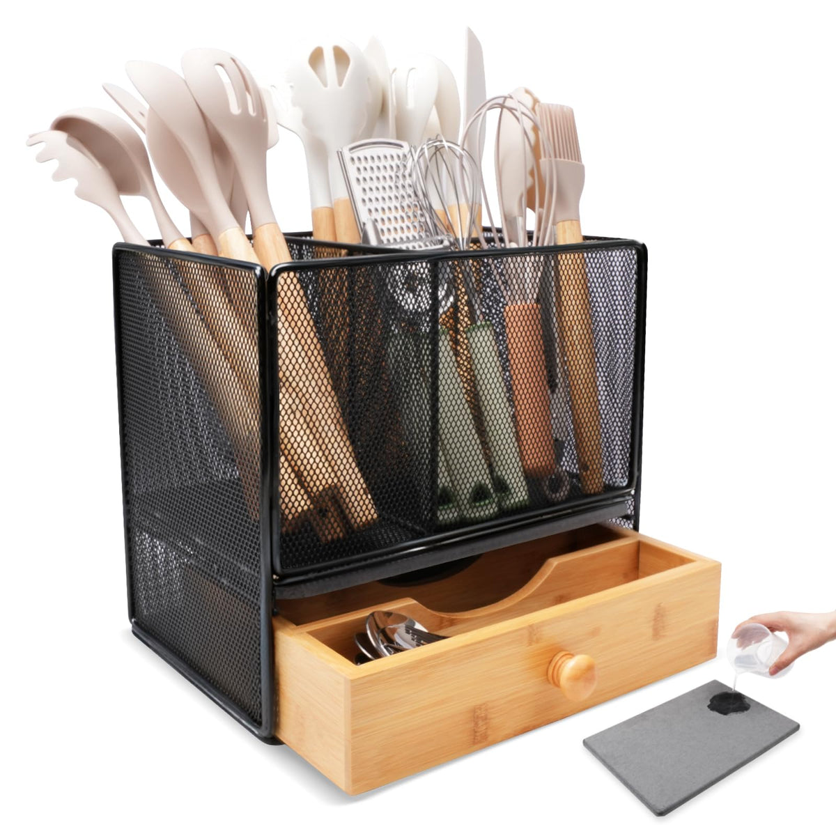 Kitchen Utensil Holder Countertop, Extra Large Utensil Organizer with Drawer, 2-Tier Utensil & Silverware Organizer for Kitchen Counter, Cooking Utensil Cutlery Caddy, Quick Dry Diatomite Base