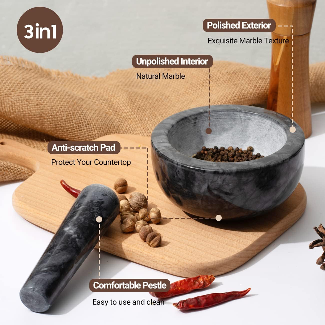Tera Marble Mortar and Pestle Set Large Solid Stone Grinder Spice Herb Grinder Pill Crusher (Black, Diameter 5.5")
