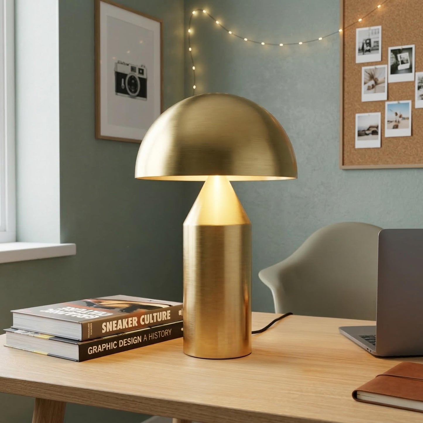 Brightech Venus Mushroom Table Lamp - Modern Lamp for Living Room, Bedroom Side/End Table - Dimmable, Unique Side Table LED Lamp Shade for Office, Reading - Brass/Gold, 14" Tall