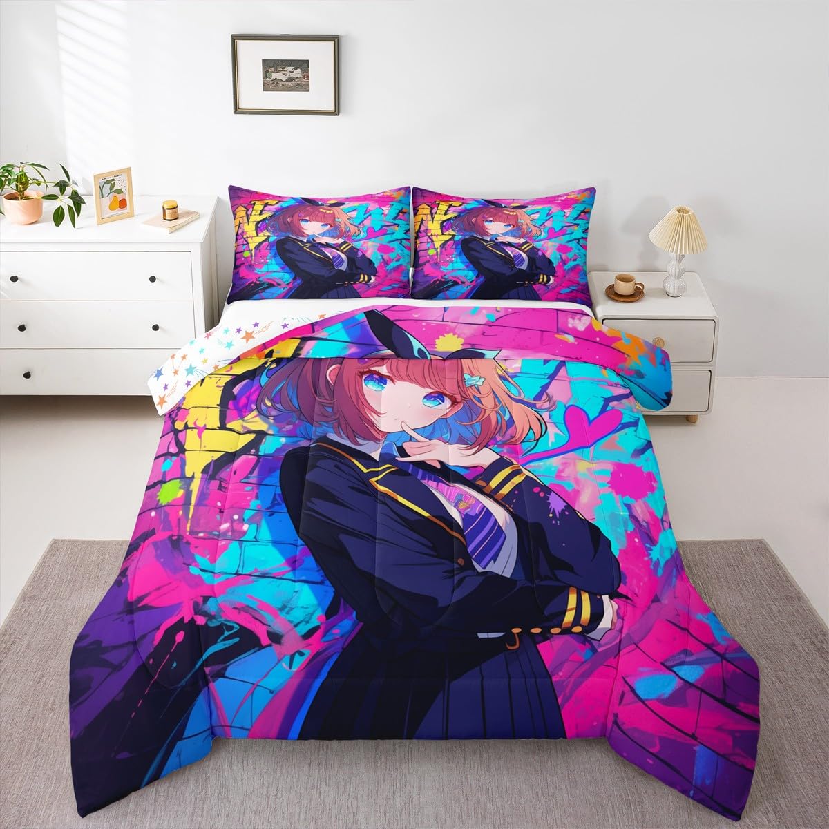 Erosebridal Girls Japanese Anime Comforter Set Full, Kawaii Anime Girl Bedding Set Cartoon Girl Duvet Insert for Kids Teens Adult, Japanese Animation Sci Fi Style Quilt with 2 Pillow Cases