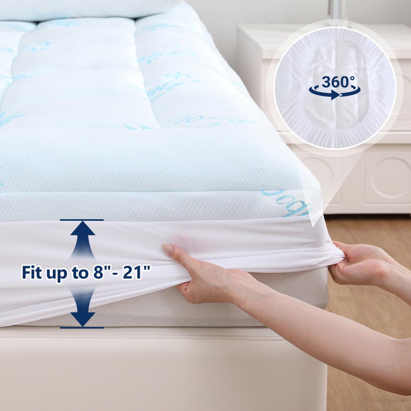 DOWNCOOL 100% Waterproof King Mattress Topper, Cooling Pillow Top Memory Foam Mattress Topper for Hot Sleepers, Viscose Derived from Bamboo, Deep Pocket Fits 8-21 Inch