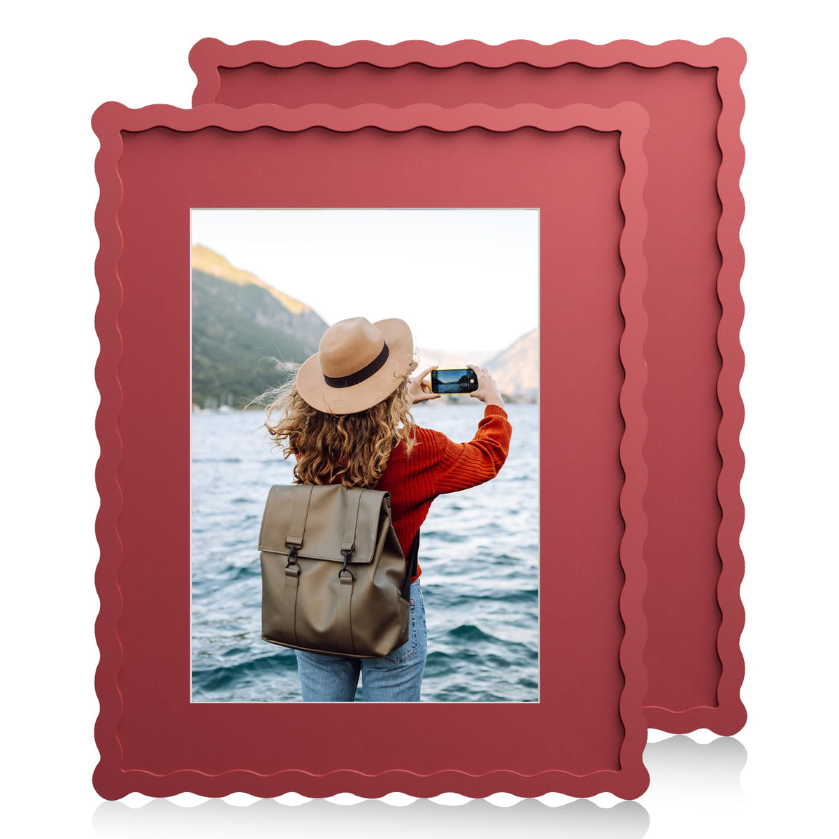 Chrspk 11x14 Wavy Picture Frame With Mat For 8x10, Wavy Edge Wooden Picture Frame with Real Glass - Wall Mount Display, Red, 2 Pack
